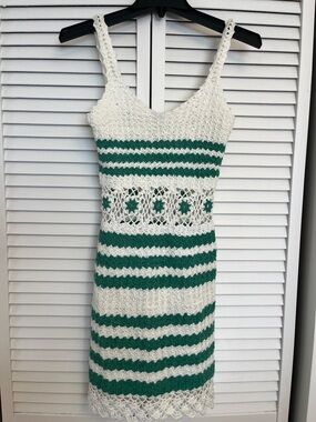 Handmade Crochet White and Green Striped Dress